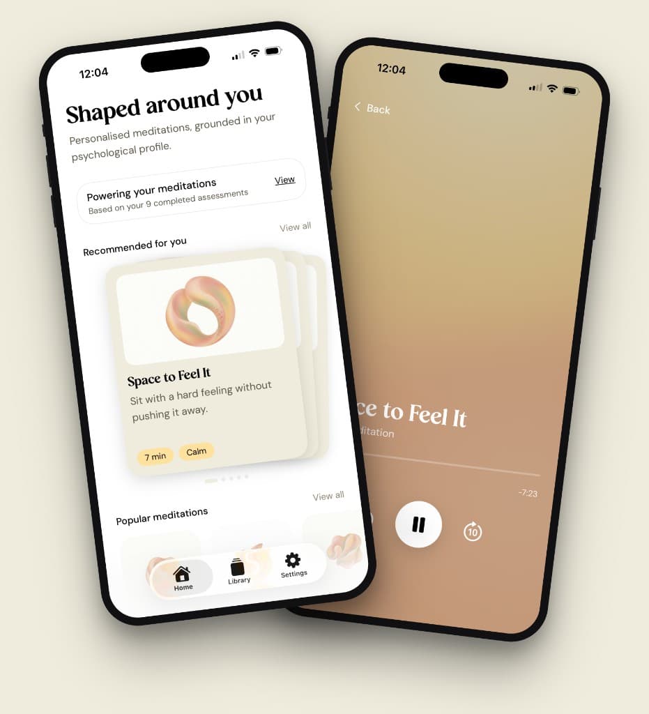 Insightable app on two iPhones, showing personalized meditations